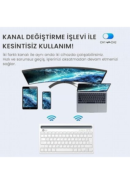 BK100 Kablosuz Bluetooth Şarj Edilebilir, Çoklu Cihaz ile Uyumlu, Telefon/tablet Tutucu Kart Yuvası, Akıllı Uyku Modlu, 40 Saat Çalışma, 78 Tuş, Kompakt Ultra Ince Qwerty Türkçe Q Klavye Beyaz indirimleri