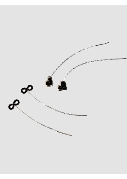 925 Ayar Gümüş Siyah Kombin Zincir Kalp Sonsuzluk Tasarım Kadın Küpe