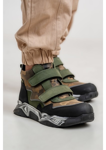 Erkek Çocuk Haki Hakiki Deri Suya Dayanıklı Günlük Bot