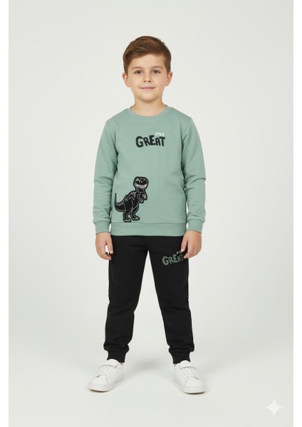 Erkek Çocuk %100 Pamuk Great Nakışlı Trex Süzeneli Paça Lastikli Takım - 2144