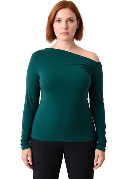 Kadın Moda Şık Büyük Beden Regular Asimetrik Yaka Fitted Kalıp Örme Büzgülü Tek Omuz Bluz fiyatları