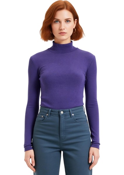 Kadın Moda Şık Regular Dik Yaka Slim Kalıp Örme Fitted Vücuda Oturan Kol Fitilli Esnek Bluz fiyatları