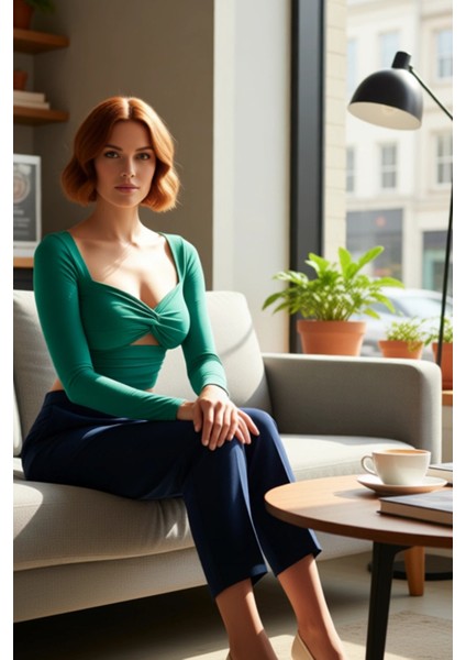 Kadın Kahverengi Kalp Yaka Pencere Detaylı Uzun Kollu Fitted Crop Örme Bluz Şık Gece Kombinleri Için fiyatları