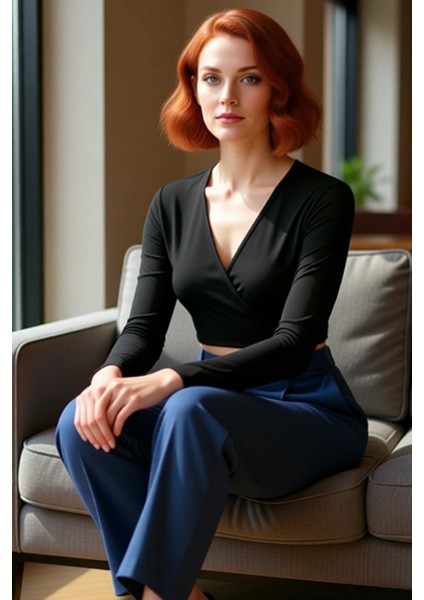 Kadın Moda Şık Üst Giyim Crop Kruvaze Yaka Slim Kalıp Örme Yaka Fitted Vücuda Oturan Esnek Bluz