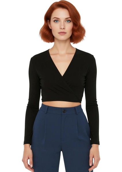 Kadın Moda Şık Üst Giyim Crop Kruvaze Yaka Slim Kalıp Örme Yaka Fitted Vücuda Oturan Esnek Bluz fiyatları