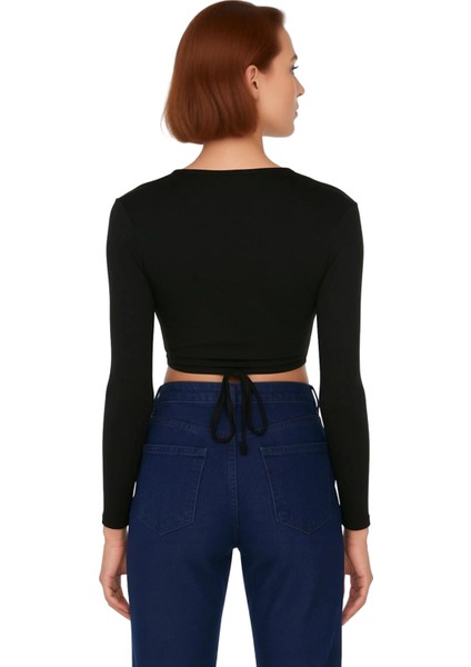 Kadın Moda Şık Üst Giyim Crop Kruvaze Yaka Slim Kalıp Örme Yaka Fitted Vücuda Oturan Esnek Bluz modelleri