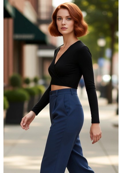 Kadın Moda Şık Üst Giyim Crop Kruvaze Yaka Slim Kalıp Örme Yaka Fitted Vücuda Oturan Esnek Bluz fırsatları