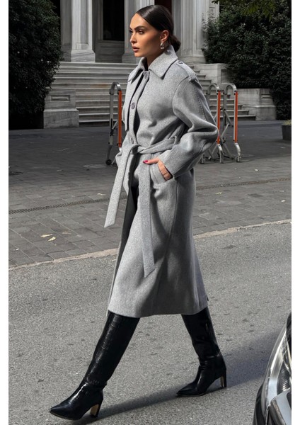 Gömlek Yaka Punto Dikiş Detaylı Premium Kaban AÇIK GRİ 3125