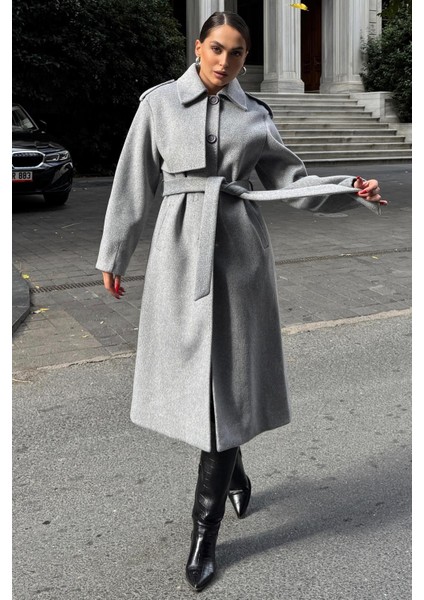 Gömlek Yaka Punto Dikiş Detaylı Premium Kaban AÇIK GRİ 3125