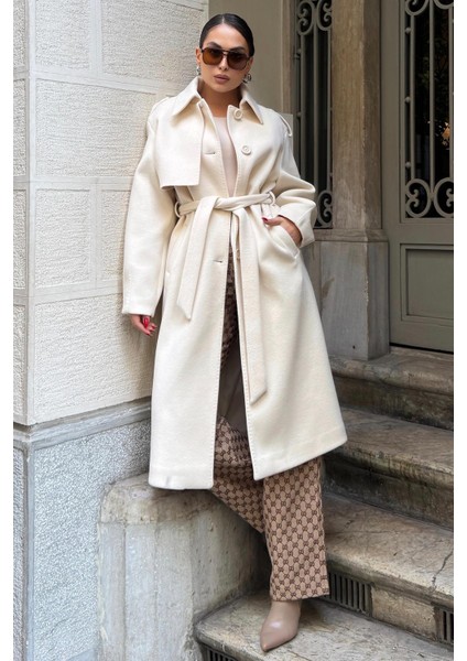 Gömlek Yaka Punto Dikiş Detaylı Premium Kaban Ekru 3125