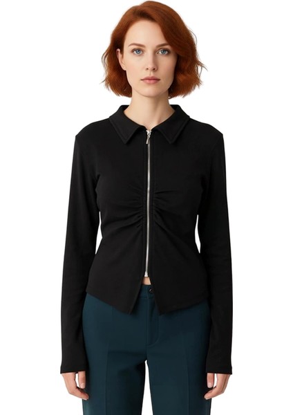 Kadın Polo Yaka Fermuarlı Büzgülü Örme Bluz Kaliteli Şık Rahat Modern Zarif Günlük