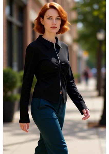 Kadın Polo Yaka Fermuarlı Büzgülü Örme Bluz Kaliteli Şık Rahat Modern Zarif Günlük modelleri