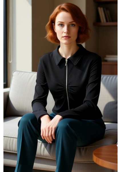 Kadın Polo Yaka Fermuarlı Büzgülü Örme Bluz Kaliteli Şık Rahat Modern Zarif Günlük fırsatları