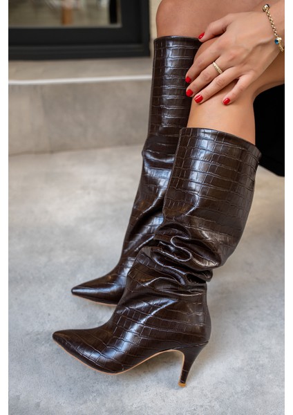 Wenda Acı Kahve Kroko Desenli Çizme