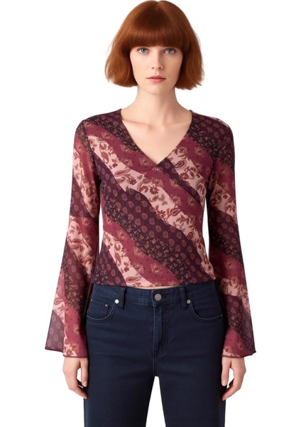 Kadın Etnik Desenli V Yaka Uzun Kollu Esnek Örme Bluz Kaliteli Şık Rahat Modern Zarif Günlük fiyatları