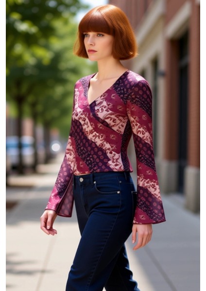 Kadın Etnik Desenli V Yaka Uzun Kollu Esnek Örme Bluz Kaliteli Şık Rahat Modern Zarif Günlük fırsatları