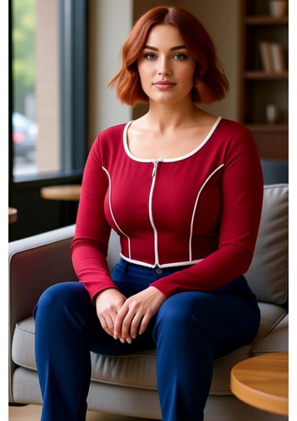 Kadın Uzun Kollu Fermuarlı Bluz Vücuda Oturan Kesim Esnek Örme Crop Model Kontrast Biye Detayları