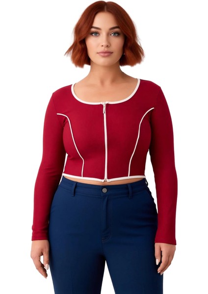 Kadın Uzun Kollu Fermuarlı Bluz Vücuda Oturan Kesim Esnek Örme Crop Model Kontrast Biye Detayları fiyatları