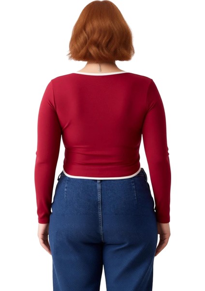 Kadın Uzun Kollu Fermuarlı Bluz Vücuda Oturan Kesim Esnek Örme Crop Model Kontrast Biye Detayları modelleri