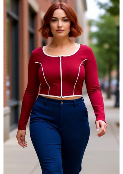 Kadın Uzun Kollu Fermuarlı Bluz Vücuda Oturan Kesim Esnek Örme Crop Model Kontrast Biye Detayları fırsatları