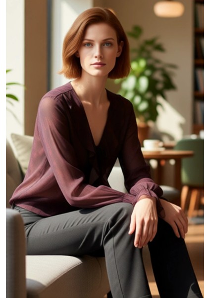 Kadın Desenli V Yaka Şifon Bluz Uzun Kollu Bağcıklı ve Günlük Stil Kaliteli Şık Rahat Modern