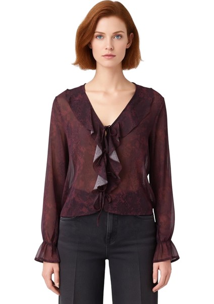 Kadın Desenli V Yaka Şifon Bluz Uzun Kollu Bağcıklı ve Günlük Stil Kaliteli Şık Rahat Modern fiyatları