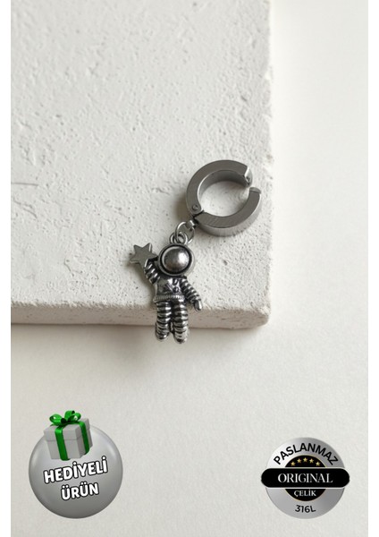 Sıkıştırmalı Deliksiz Trend Astronot Model Sallantılı Erkek Çelik Küpe 1 Adet