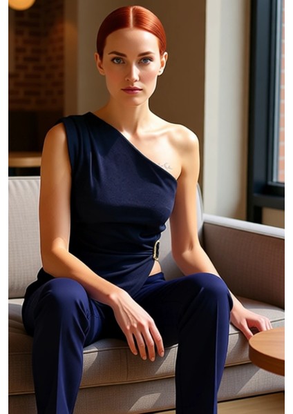 Kadın Asimetrik Detaylı Kolsuz Örme Bluz Kaliteli Şık Rahat Modern Zarif Günlük