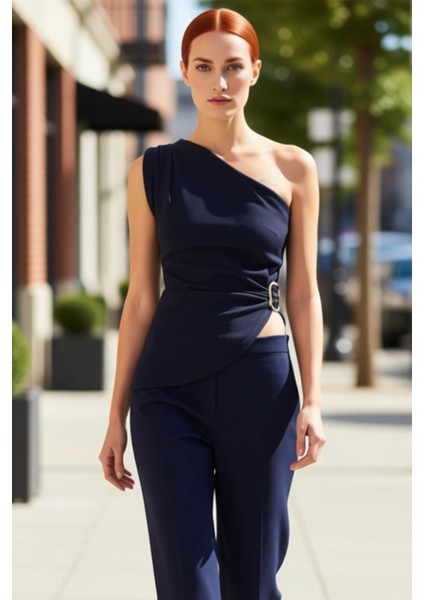 Kadın Asimetrik Detaylı Kolsuz Örme Bluz Kaliteli Şık Rahat Modern Zarif Günlük fırsatları