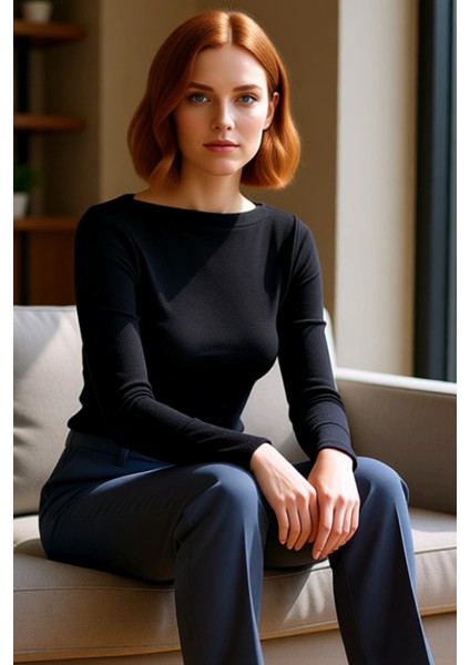 Kadın Moda Şık Regular Kayık Yaka Düşük Kol Slim Kalıp Örme Fitted Vücuda Oturan Fitilli Esnek Bluz