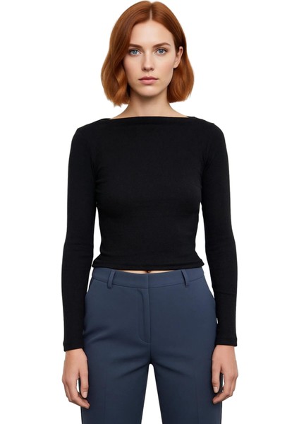 Kadın Moda Şık Regular Kayık Yaka Düşük Kol Slim Kalıp Örme Fitted Vücuda Oturan Fitilli Esnek Bluz fiyatları