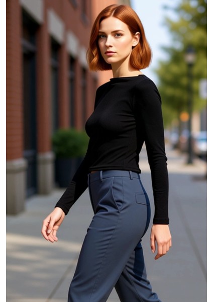 Kadın Moda Şık Regular Kayık Yaka Düşük Kol Slim Kalıp Örme Fitted Vücuda Oturan Fitilli Esnek Bluz fırsatları