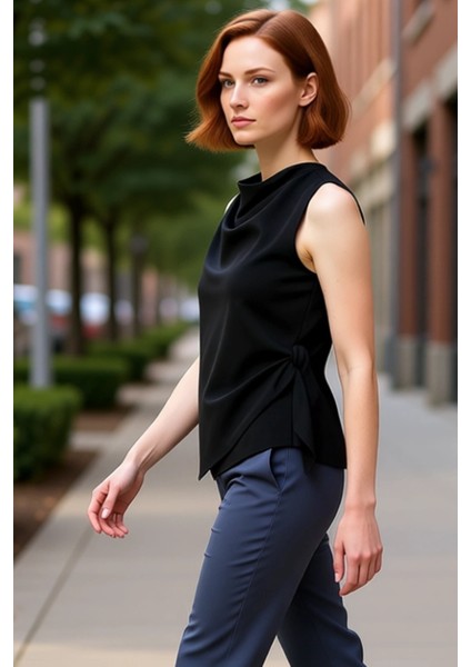 Kadın Bluz Kolsuz Saten Dokuma Degaje Yaka Yan Bağlama Detaylı Günlük Şıklık Kaliteli Şık Rahat fırsatları