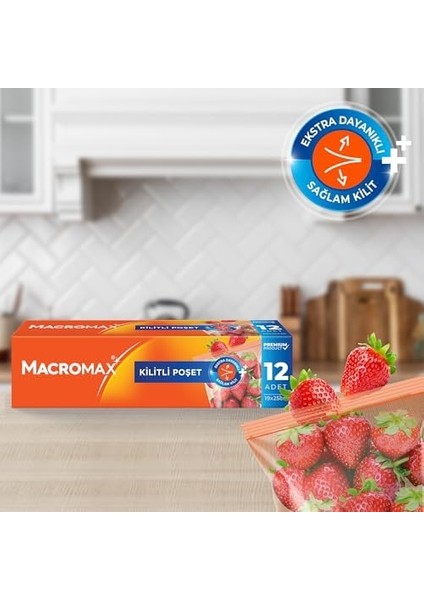 Macromax Fermuarlı Kilitli Poşet 12 Adet (20X25 Cm), Çok Kez Aç Kapa Pratik Saklama Poşeti