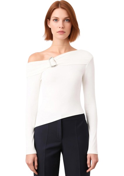 Kadın Asimetrik Yaka Aksesuar Detaylı Fitted Uzun Kollu Örme Üst Kaliteli Şık Rahat Modern fiyatları