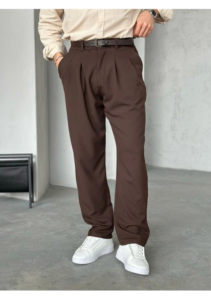 Erkek Acı Kahverengi Pileli Baggy Kumaş Pantolon
