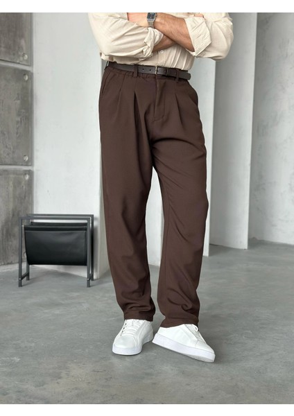 Erkek Acı Kahverengi Pileli Baggy Kumaş Pantolon modelleri