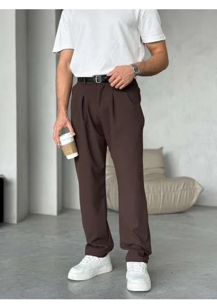 Erkek Acı Kahverengi Pileli Baggy Kumaş Pantolon indirimleri
