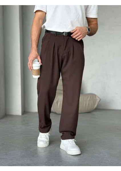 Erkek Acı Kahverengi Pileli Baggy Kumaş Pantolon