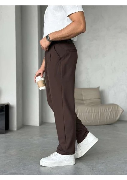 Erkek Acı Kahverengi Pileli Baggy Kumaş Pantolon