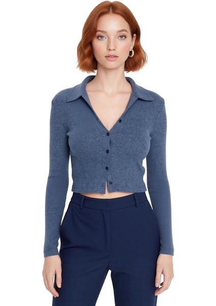 Kadın Esnek Örme Bluz Vücuda Oturan Crop Boy Gömlek Yaka Uzun Kollu Düğmeli Casual Günlük Kışlık