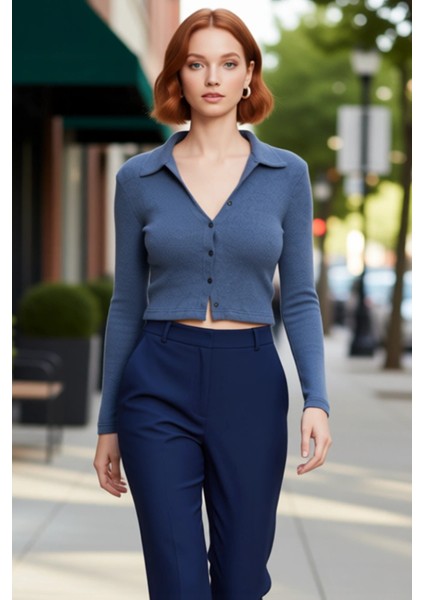 Kadın Esnek Örme Bluz Vücuda Oturan Crop Boy Gömlek Yaka Uzun Kollu Düğmeli Casual Günlük Kışlık modelleri