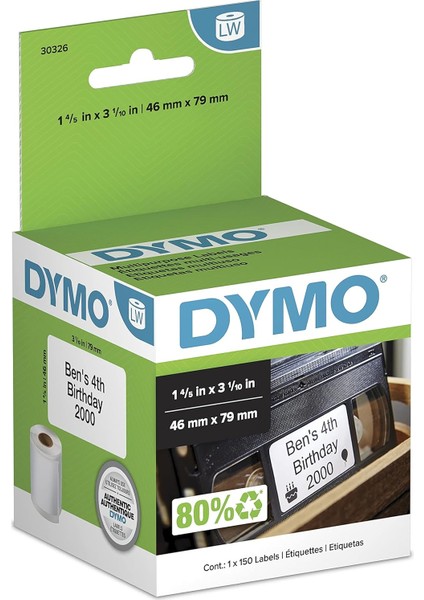 Labelwriter Etiket Yazıcıları Için Lw Video Üst Etiketleri, Beyaz, 1-4/5&apos;&apos; x 3-1/10&apos;&apos;, 1 Rulo 150 (30326)