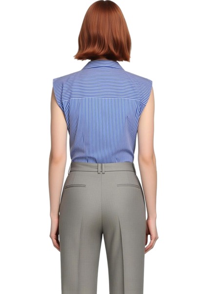 Kadın Çizgili Kolsuz Gömlek Yaka Bluz Bağlama Detaylı ve Şık Tasarım Kaliteli Şık Rahat fırsatları