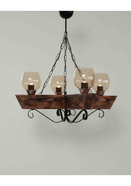 Ahşap Rustik Camlı 4lü Avize