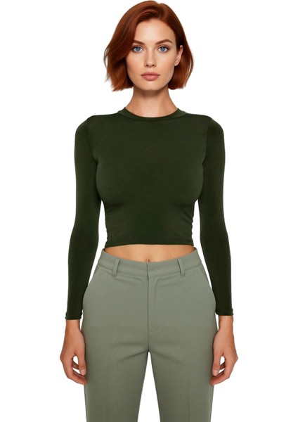 Kadın Moda Şık Crop Dik Yaka Slim Kalıp Örme Kolu Büzgü Detaylı Fitted Vücuda Oturan Esnek Bluz fiyatları