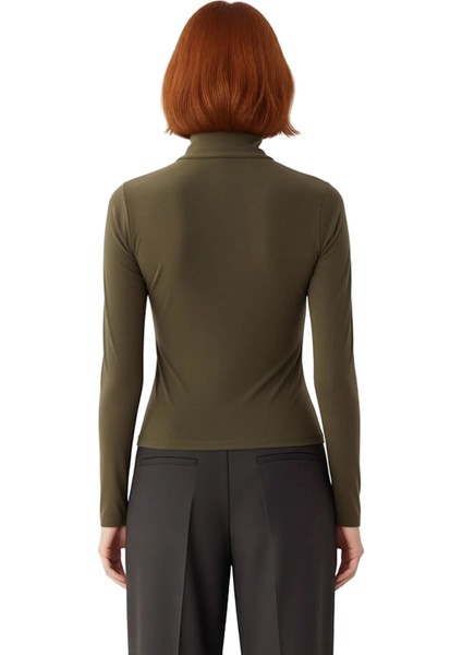 Kadın Moda Şık Regular Dik Yaka Slim Kalıp Örme Fitted Vücuda Oturan Kollu Fitilli Esnek Bluz modelleri