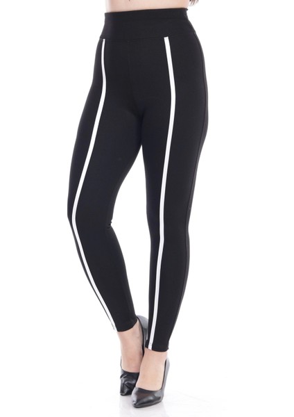 Kadın Siyah Beli Lastikli Önü Beyaz Şeritli Toparlayıcı Tayt