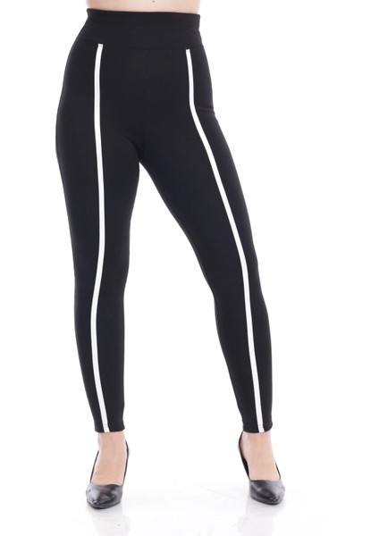 Kadın Siyah Beli Lastikli Önü Beyaz Şeritli Toparlayıcı Tayt modelleri