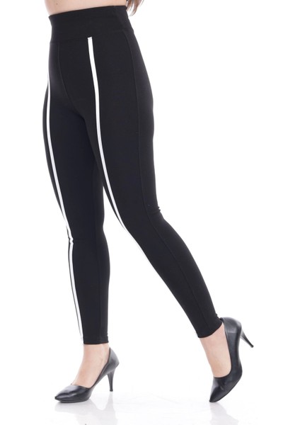 Kadın Siyah Beli Lastikli Önü Beyaz Şeritli Toparlayıcı Tayt fırsatları
